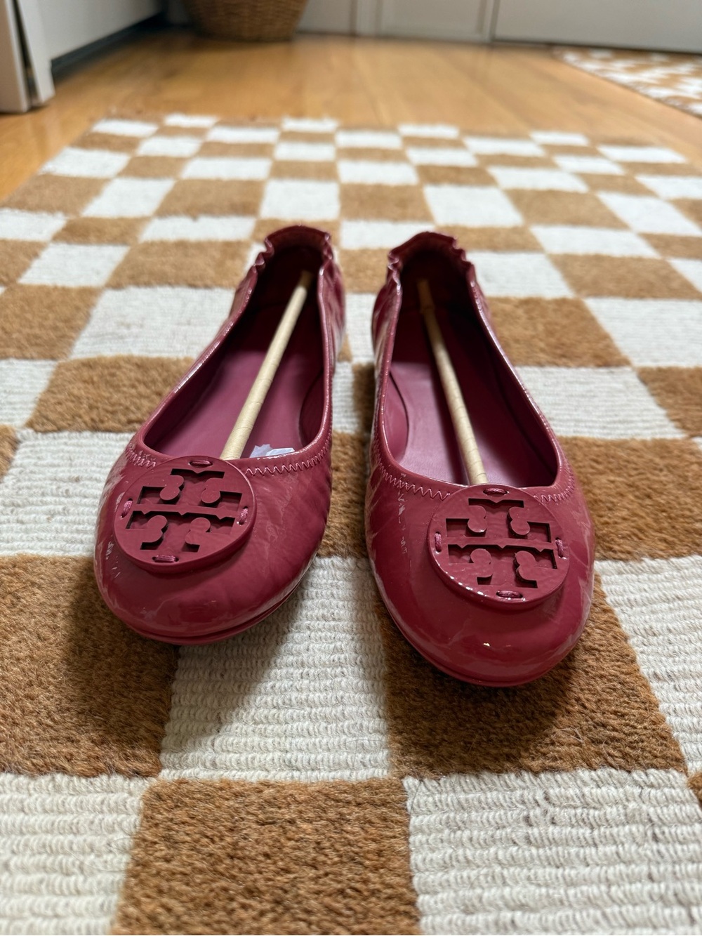 Tory Burch Patent Leather Minnie Travel Ballet Flats.
